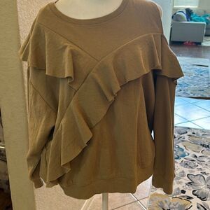 Eva Franco Womens 8 Ruffle Front Asymetrical Cold Shoulder Sweater Tan Lagenlook
